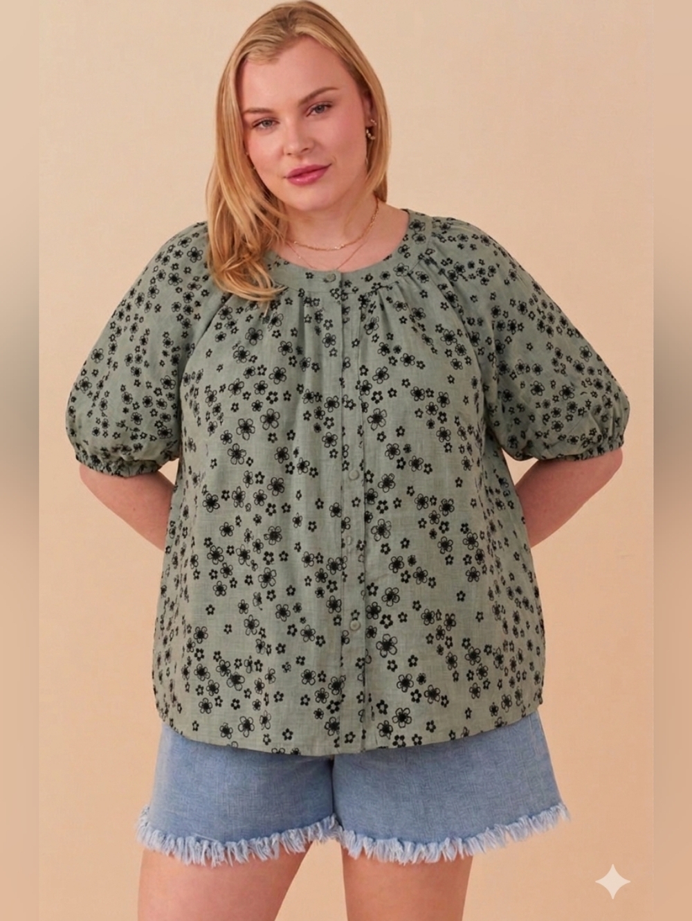 Hayden Sage Green Floral Puff Sleeve Blouse